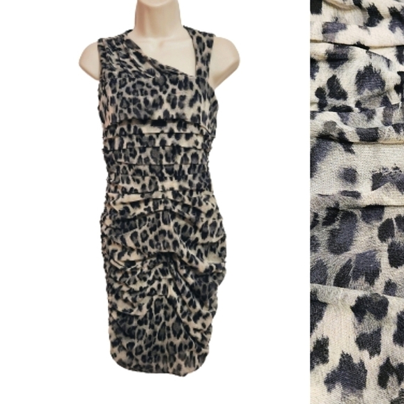 Allen B Cheetah Print Mesh Ruched Asymmetrical Mini Dress Black Beige X Small - Picture 1 of 12